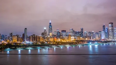 Chicago, IL Aerial Hyperlapse, Skyline, Millennium Park, night, 1 of 3, 4K Stock Footage 103543702