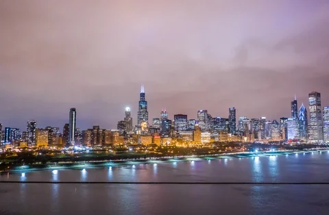 Chicago, IL Aerial Hyperlapse, Skyline, Millennium Park, night, 1 of 3, 5.6K Stock Footage 103546143