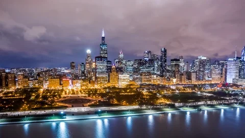 Chicago, IL Aerial Hyperlapse, Skyline, Millennium Park, night, 2 of 3, 4K Stock Footage 103553189