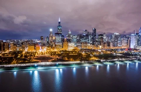 Chicago, IL Aerial Hyperlapse, Skyline, Millennium Park, night, 2 of 3, 5.6K Stock Footage 103554480