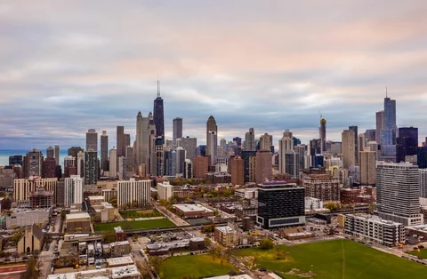 Chicago, IL Aerial Hyperlapse, Skyline, Old Town, sunrise, 5.6K Stock Footage 103615792