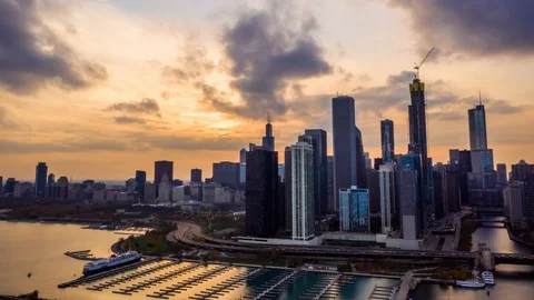 Chicago, IL Aerial Hyperlapse, Skyline, sunset, 1 of 2, 4K Stock Footage 103636985