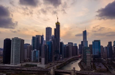 Chicago, IL Aerial Hyperlapse, Skyline, sunset, 2 of 2, 5.6K Stock Footage 103664591