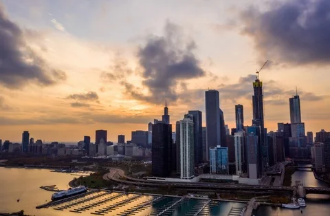 Chicago, IL Aerial Hyperlapse, Skyline, sunset, 1 of 2, 5.6K Stock Footage 103665055
