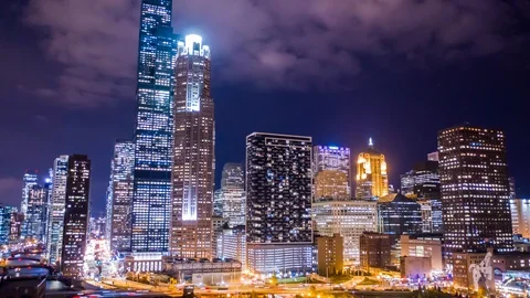 Chicago, IL Aerial Hyperlapse, Skyline, Willis Tower, night, 1 of 2, 4K Stock Footage 103756725