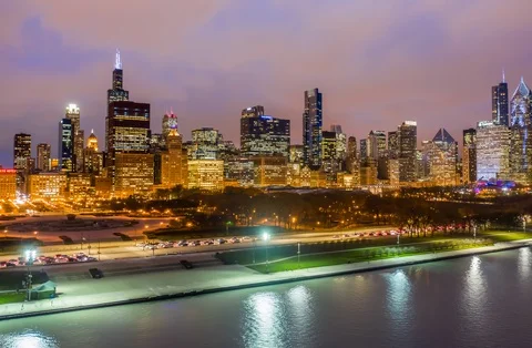 Chicago, IL Aerial Hyperlapse, Skyline, Millennium Park, night, 3 of 3, 5.6K Stock Footage 103857147