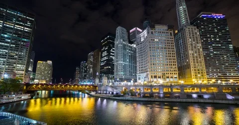 Chicago, IL, USA - Chicago River with skyscrapers at night - Timelapse Stock Footage 75280306
