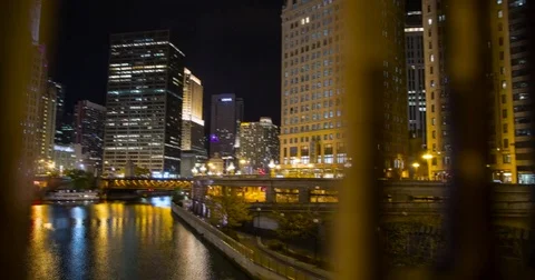 Chicago, IL, USA - Chicago River with reflections at night - Timelapse Stock Footage 75280405