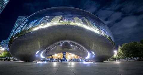 Chicago, IL, USA - Cloud Gate "the bean" with reflections at night - Timelapse Stock Footage 75280435