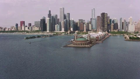 Chicago, Illinois circa-2017, Flying over Navy Pier towards downtown Chicago.  Stock Footage 84549062