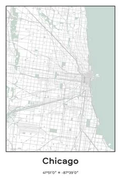 Chicago, Illinois - vector map of city in Pastel, Gray, White, Green colors Stock Illustration