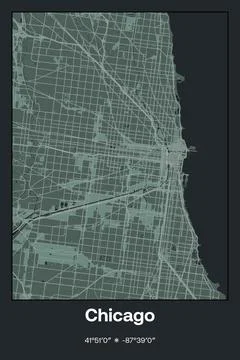 Chicago, Illinois - vector map of city in Dark gray, Gray, Green, gray-green col Stock Illustration