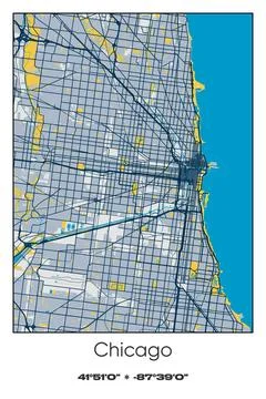 Chicago, Illinois - vector map of city in Blue, Gray, Yellow, Olive colors Stock Illustration