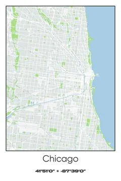Chicago, Illinois - vector map of city in Gray, white, green, blue colors Stock Illustration