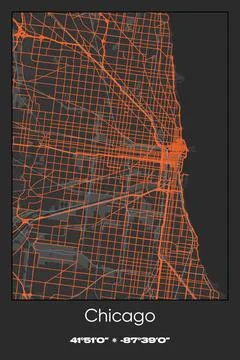 Chicago, Illinois - vector map of city in Gray, Black, Orange colors Stock Illustration