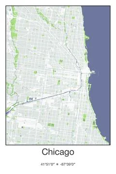 Chicago, Illinois - vector map of city in Gray, Blue, Green, White colors Stock Illustration