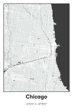 Chicago, Illinois - vector map of city in Gray, Black, White colors Stock Illustration