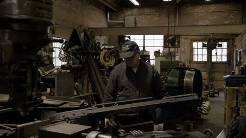 Chicago Interior Machine Works Shop Older Man Stock Footage 89996233