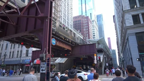 Chicago Intersection With Elevated Train Station And City Streets Stock Footage 336199927
