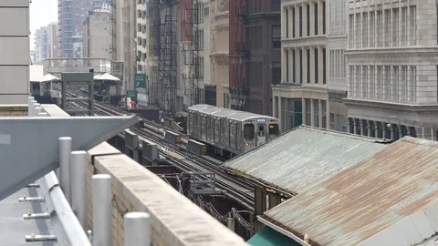 A Chicago L train approaching a station Stock Footage 87340027