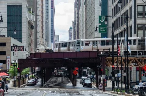 Chicago L Train Crossing Elevated Railway in Downtown Chicago Stock Photos