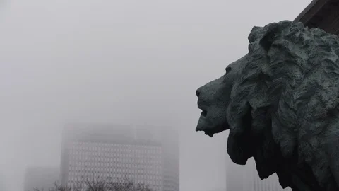 Chicago Library Lion Head Side Angle Wide Shot Stock Footage 90000859
