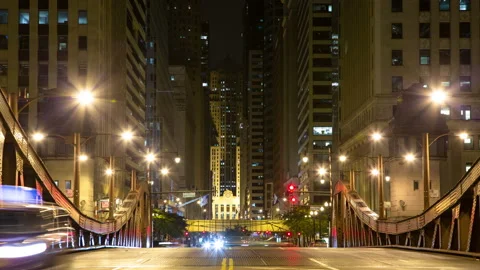 Chicago - Looking down LaSalle St at Night with Board of Trade - 4K Timelapse Video stock 220773068