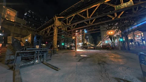 Chicago Loop Infrastructure: State and Lake station reconstruction work at night Stock Footage 333184877