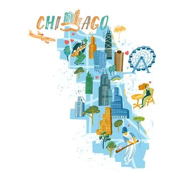 Chicago map with landmarks icons set. Traditional symbols, people and buildings Ilustración de archivo