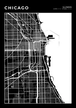 Chicago Map Wall Art Frame, Cartography Map Print, City Layout Map Stock Illustration