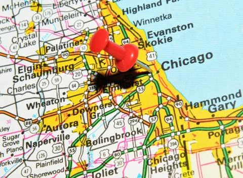 Chicago marked with red pushpin on the map Stock Photos