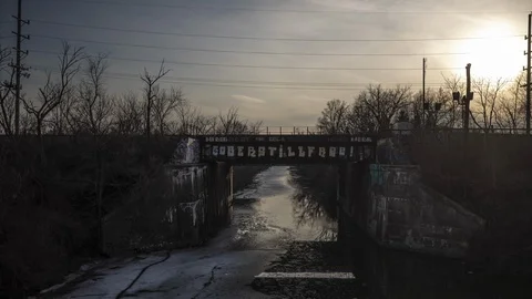 Chicago Metro Train Bridge over Frozen Chicago River with Graffiti , 4k Stock Footage 109220968