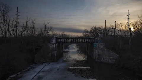 Chicago Metro Train Sunset, Bridge over Frozen Chicago River with Graffiti , 4k Stock Footage 109221057