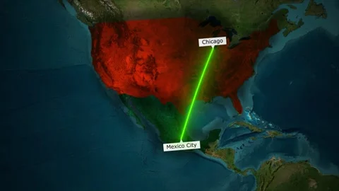 Chicago to Mexico City Flight Path Animation on World Map Background Stock Footage 321756935