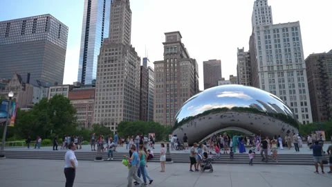 Chicago Millennium Park With Cloud Gate And Skyline And Crowd Stock Footage 336270124