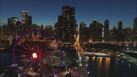 Chicago Navy Pier Aerial View in Night Stock Footage