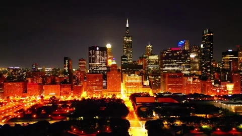 Chicago night aerial Downtown Chicago Skyscrapers, Aerial Night View Of City Stock Footage 275011753