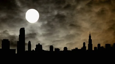 Chicago by Night with Dark Atmosphere, Time Lapse with Full Moon, USA Stock Footage 134895801