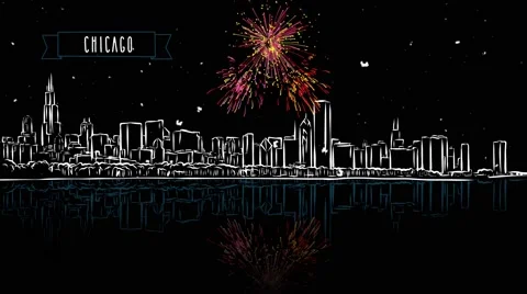 Chicago by Night with Firework Intro Animation Stock Footage 68560140