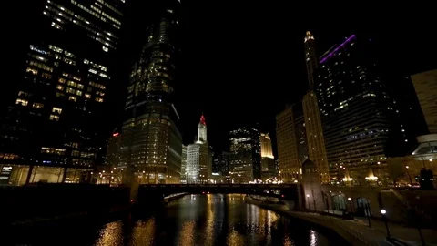 Chicago at Night with River Stock Footage 72696217