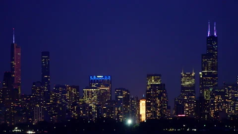 Chicago Night Skyline Plane Willis Sears 