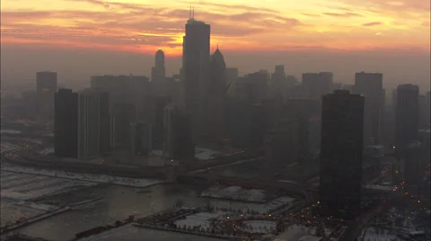 Chicago Night Skyscrapers Lake Michigan Stock-Footage