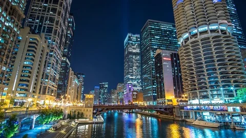 Chicago at night time lapse river 4K 1080P Stock Footage 77574442