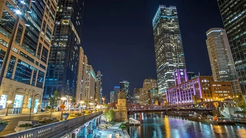 Chicago at night time lapse river 4K 1080P Stock Footage 77575404