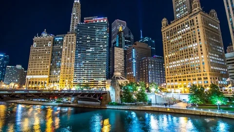 Chicago at night time lapse riverfront 4K 1080P Stock Footage 77335121
