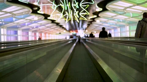 Chicago O'Hare Airport Neon Sky Walk Stock Footage