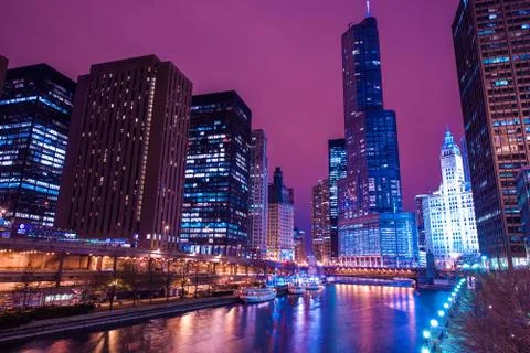 Chicago reflections. colorful chicago river reflection and downtown night sce Stock Photos
