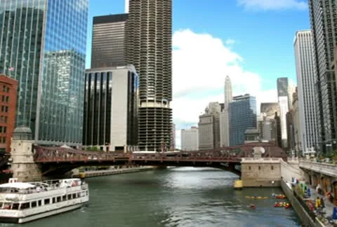 Chicago River and Skyscrapers Stock Footage