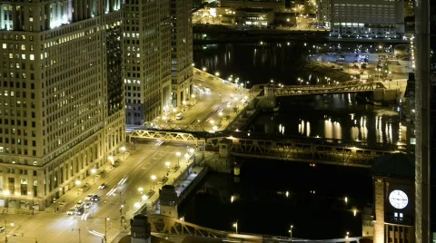 Chicago River and Wacker Drive in Downtown Chicago at Night Video stock 709709