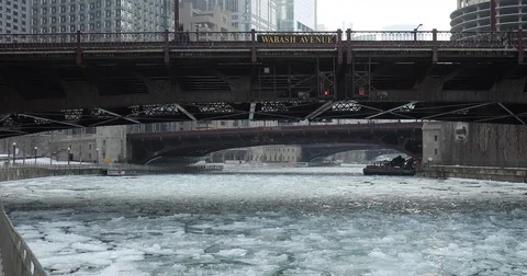 Chicago river bridges in winter water frozen ice people walking Stock Footage